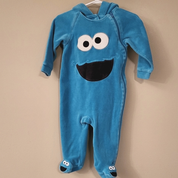 Sesame Street Cookie Monster blue velour hooded footie/romper - Picture 1 of 5